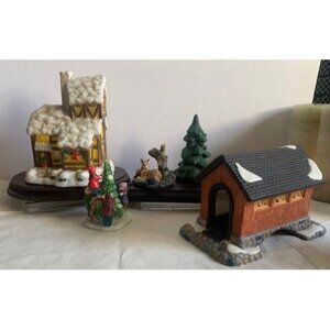 Vintage Christmas Village Porcelain Figurines Set with Snowy House Covered Bridg